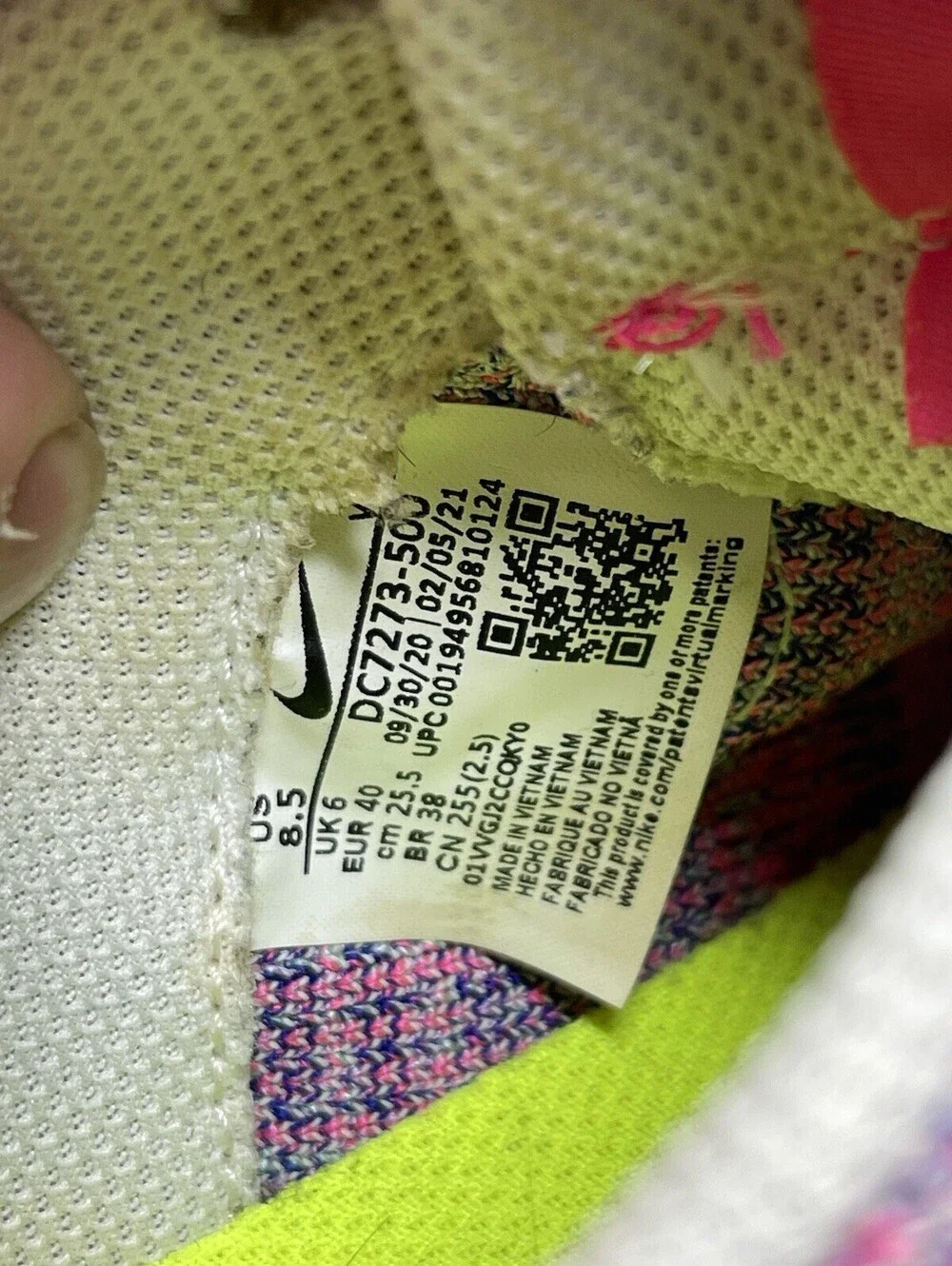 Nike Air Force 1 Crater Flyknit Pink Multicolor Womens Size 8.5 Casual Sneakers